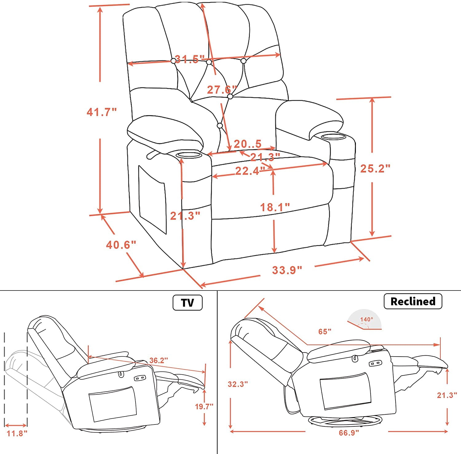MCombo Power Swivel Glider Recliner Chair Fabric Recliner, Brown Fabric 7797