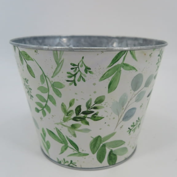 Unbranded White With Green Leaves Metal Bucket Planter