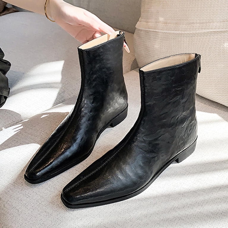 low heel black dress boots womens Dasayo Pointed Toe Womens Booties Ankle Black Wide Width Low Heel Comfy Faux Leather Dress Boots Woman Shoes 36, Women's