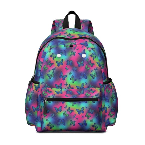 Green Blue Butterfly Pink Purple Pattern Cute School Backpack with Padded Back and Adjustable Shoulder Straps 13.4"x11"x4.7"