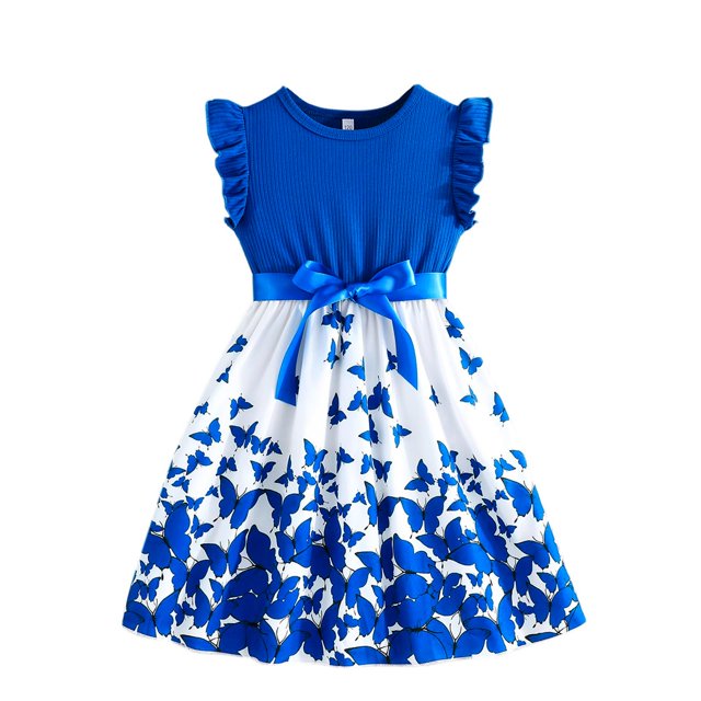 Robes de Printemps pour Filles Enfants Tout-Petits Filles Été Col Rond Manches à Volants Imprimés de Fleurs Robe Trapèze Décontractée avec Nœud Robe Bébé Bleu 6 Ans-7 Ans