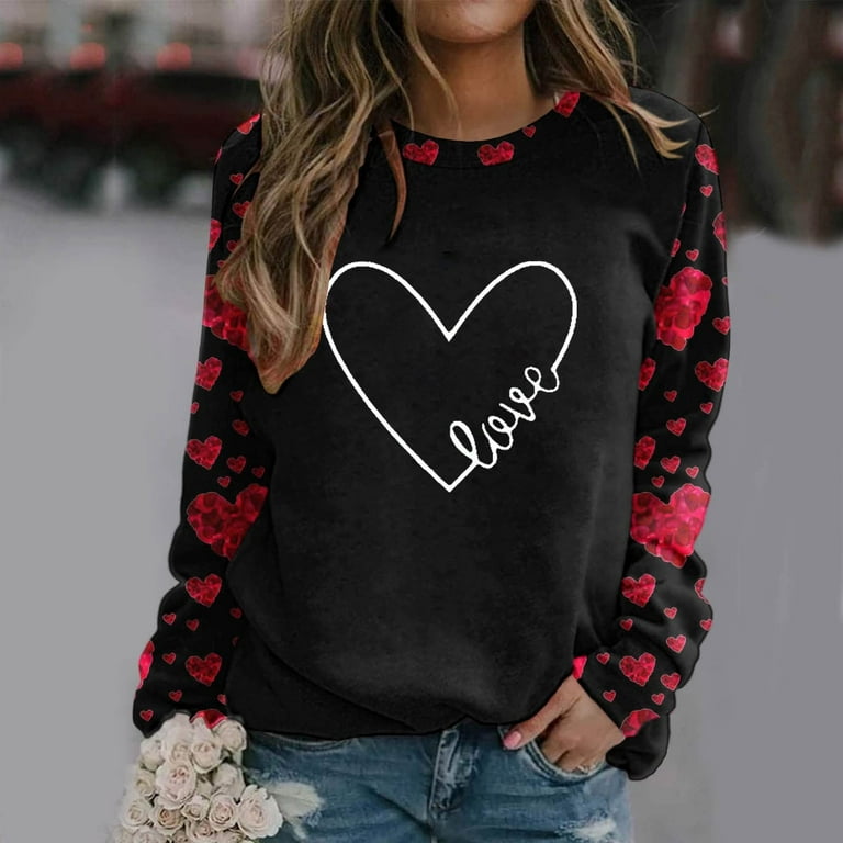 JWZUY Blusas De Mujer Crewneck Sweatshirt Women Heart Print Graphic Long  Sleeve Pullover Sweatshirts Teen Girls Fall Winter Going Out Tops Black at   Women's Clothing store