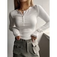 thumbnail image 3 of Women'S Long Sleeve Henley T Shirts Button Ribbed Knit Slim Fit Basic Tops Blouse Casual Outfits White XL, 3 of 5