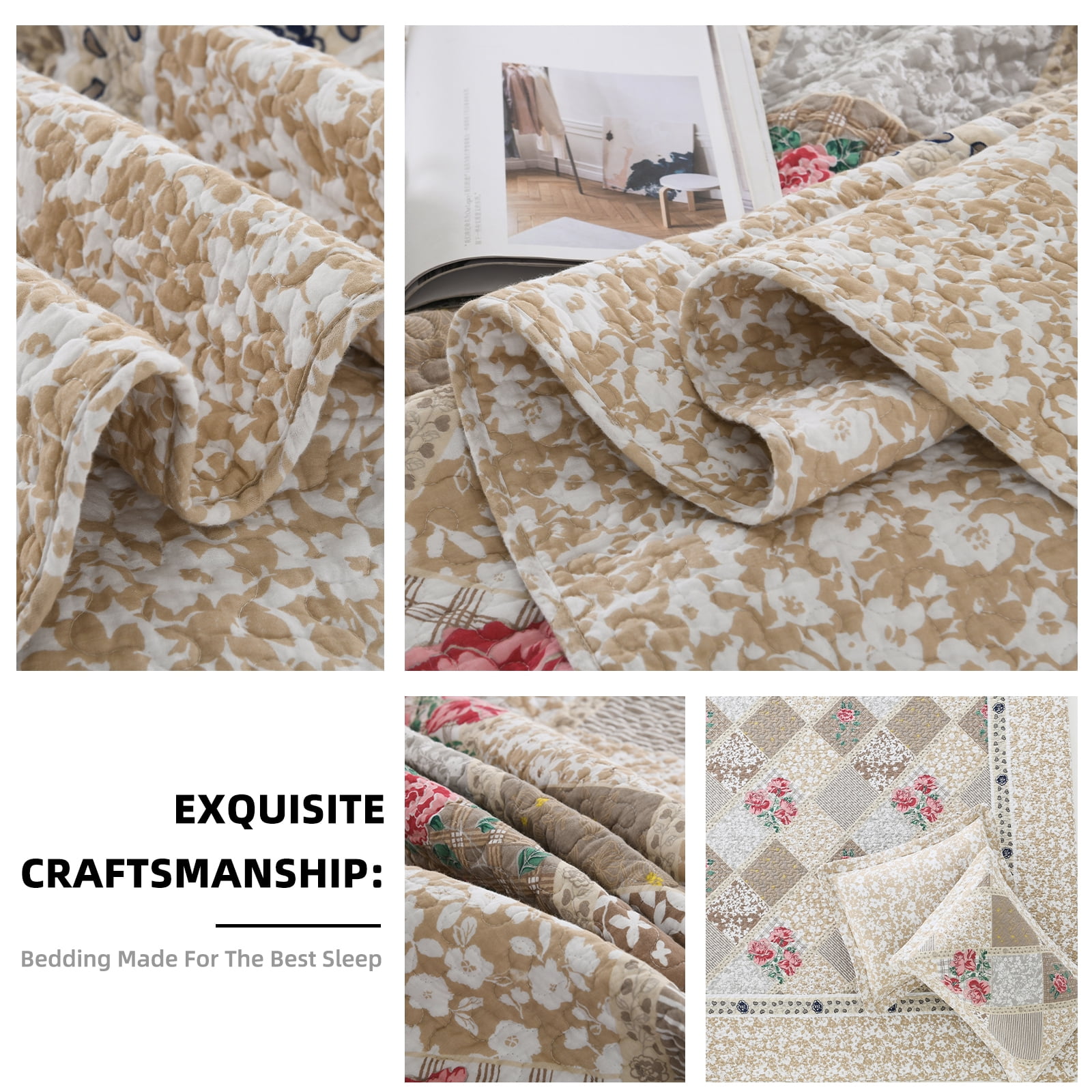 PANGUSHAN 100% Cotton 128"x120" Oversized California King Bedspread Coverlet Quilt Set, Cal King Quilted Bedspread Extra Large Wide Quilt, Floral XL Bed Spread Lightweight Comforter, 3pc, Brown/Gray
