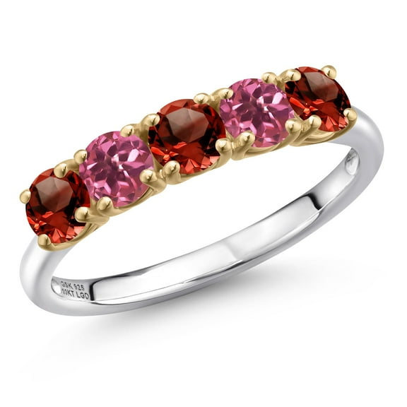 Gem Stone King 925 Silver and 10K Yellow Gold Red Garnet and Pink Tourmaline Wedding-Bands Ring for Women | 1.61 Cttw | Round 4MM | Gemstone January Birthstone | Size 7
