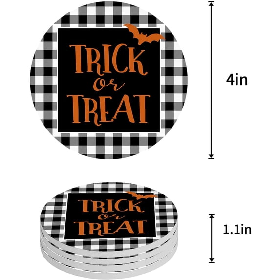 FMSHPON Halloween Trick or Treat Bats Black and White Buffalo Plaid Set of 6 Round Coaster for Drinks, Absorbent Ceramic Stone Coasters Cup Mat with Cork Base for Coffee Table Bar Decor