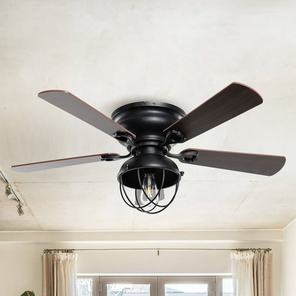 Low Profile Ceiling Fan with Light Farmhouse Flush Mount Ceiling Fans Remote Control, 42 inch, Black
