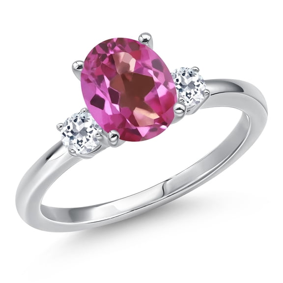 Gem Stone King 14K White Gold Pink Mystic Topaz and White Topaz Engagement Ring for Women | 2.48 Cttw | Oval 9X7MM | Gemstone November Birthstone | Size 5