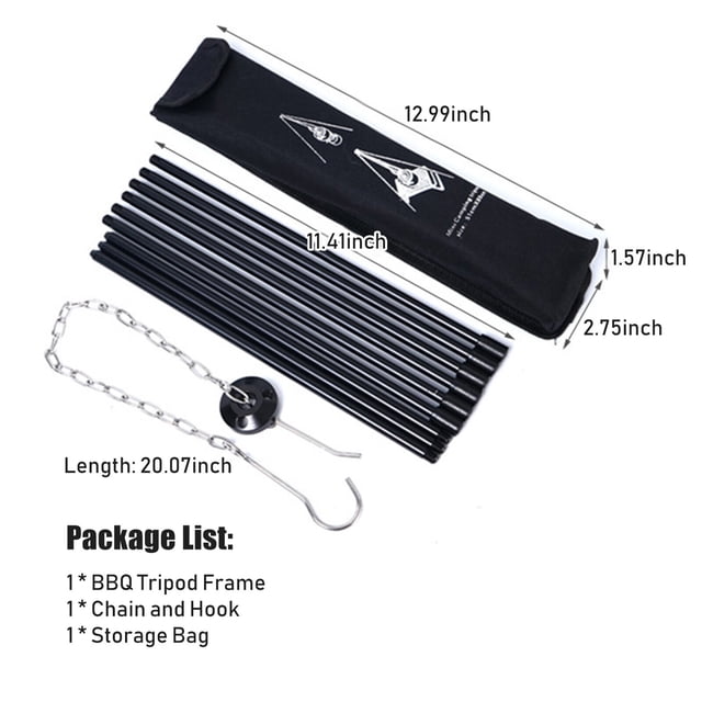 Cadre de Trépied pour Barbecue avec Chaîne et Crochet Sac de Rangement Hauteur Réglable Support de Trépied pour Camping Feu Ouvert Voyage Randonnée Pique-Nique Barbecue