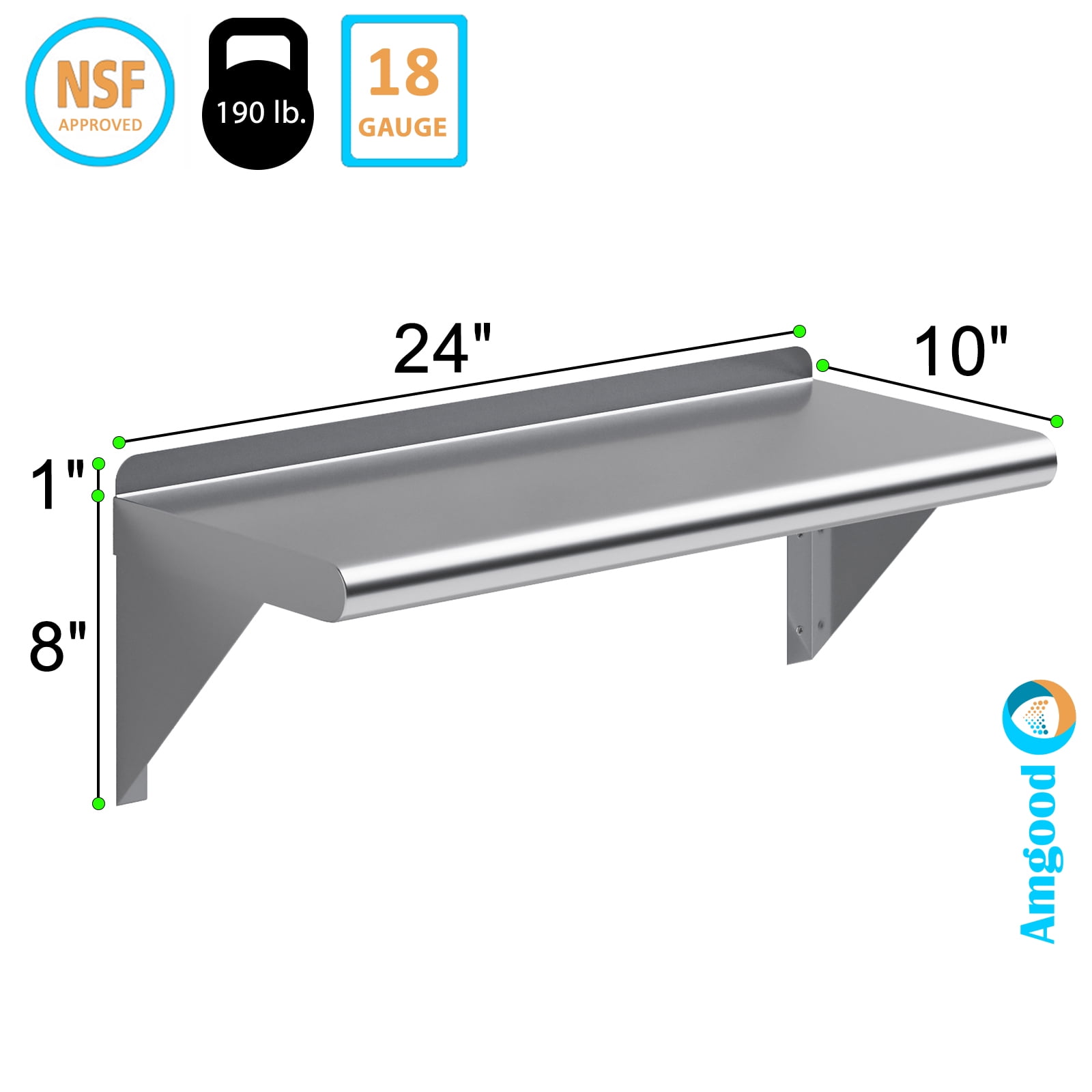 AmGood 10 in. x 24 in. Stainless Steel Wall Shelf | NSF Certified | Appliance & Equipment Metal Shelving | Kitchen, Restaurant, Garage, Laundry, Utility Room