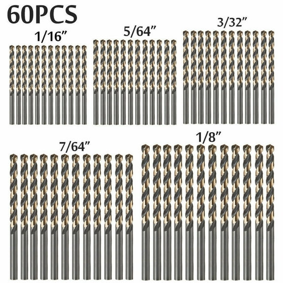 60pcs 1/16~1/8 Inch Twist Drill Bits Black and Gold Finish Metal drill HSS