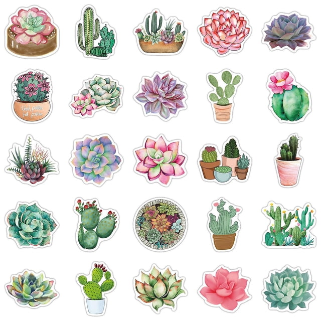 50 pegatinas de dibujo de plantas de cactus suculentas de dibujos animados para decoración de bricolaje