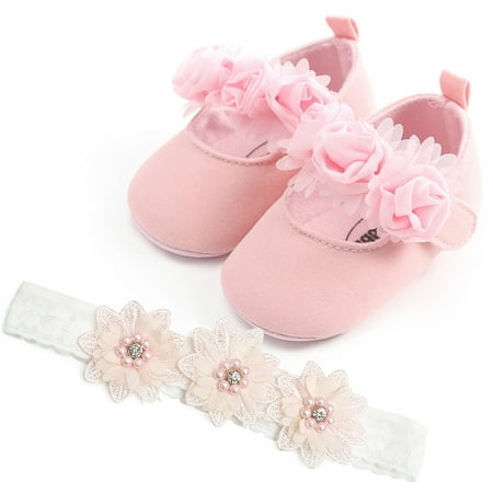 

2pcs Newborn Baby Girl Princess Soft Soled Infants Toddler Shoes Wedding Flower Girl Dress the First Communion Flat Shoes with Flower Belt