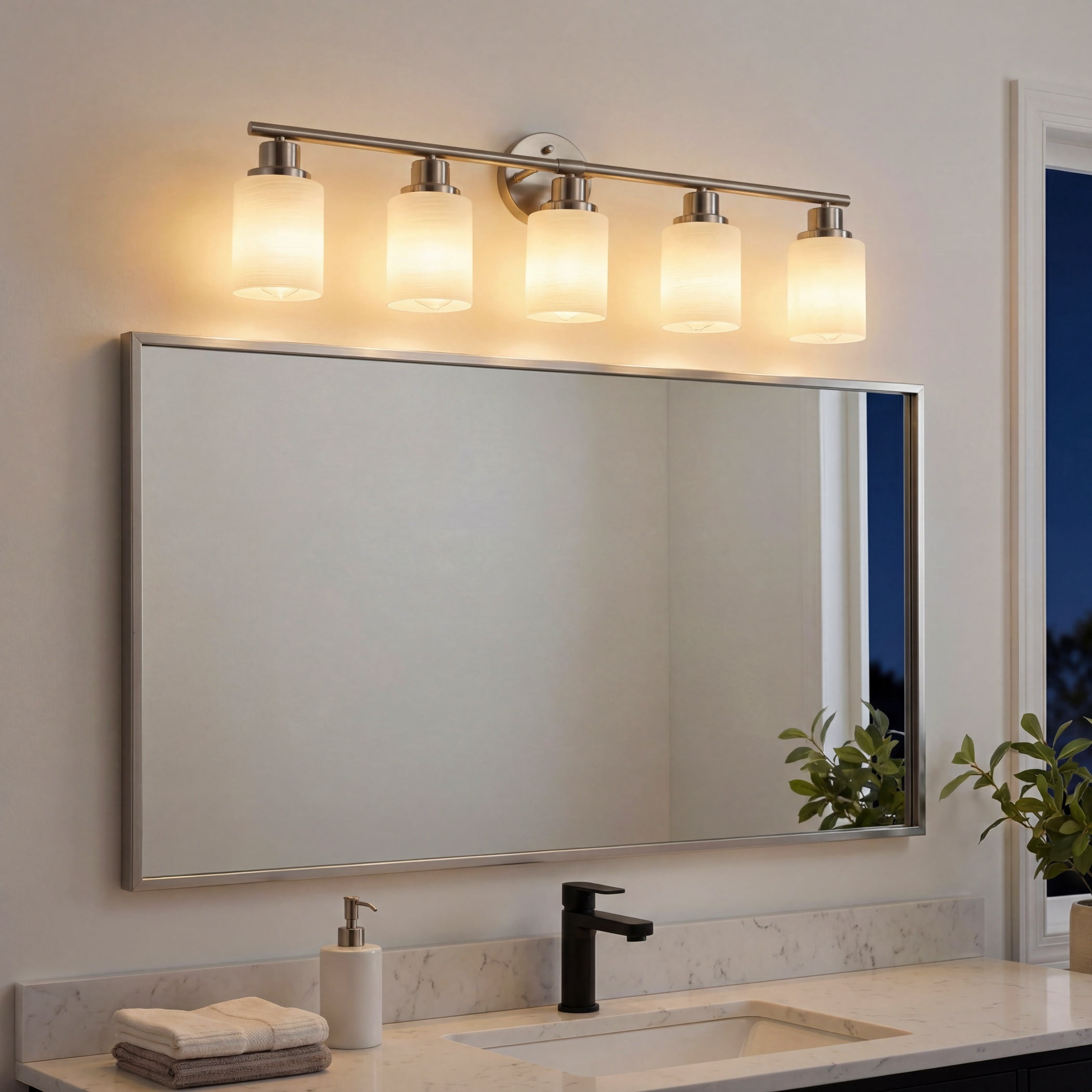 31" Brushed Nickel 5-Light Vanity Light Fixture with Frosted Glass Shades – Modern Wall Mount Bathroom Lighting for Over Mirror, Hallway, Powder Room, or Dressing Area (Bulbs Not Included)