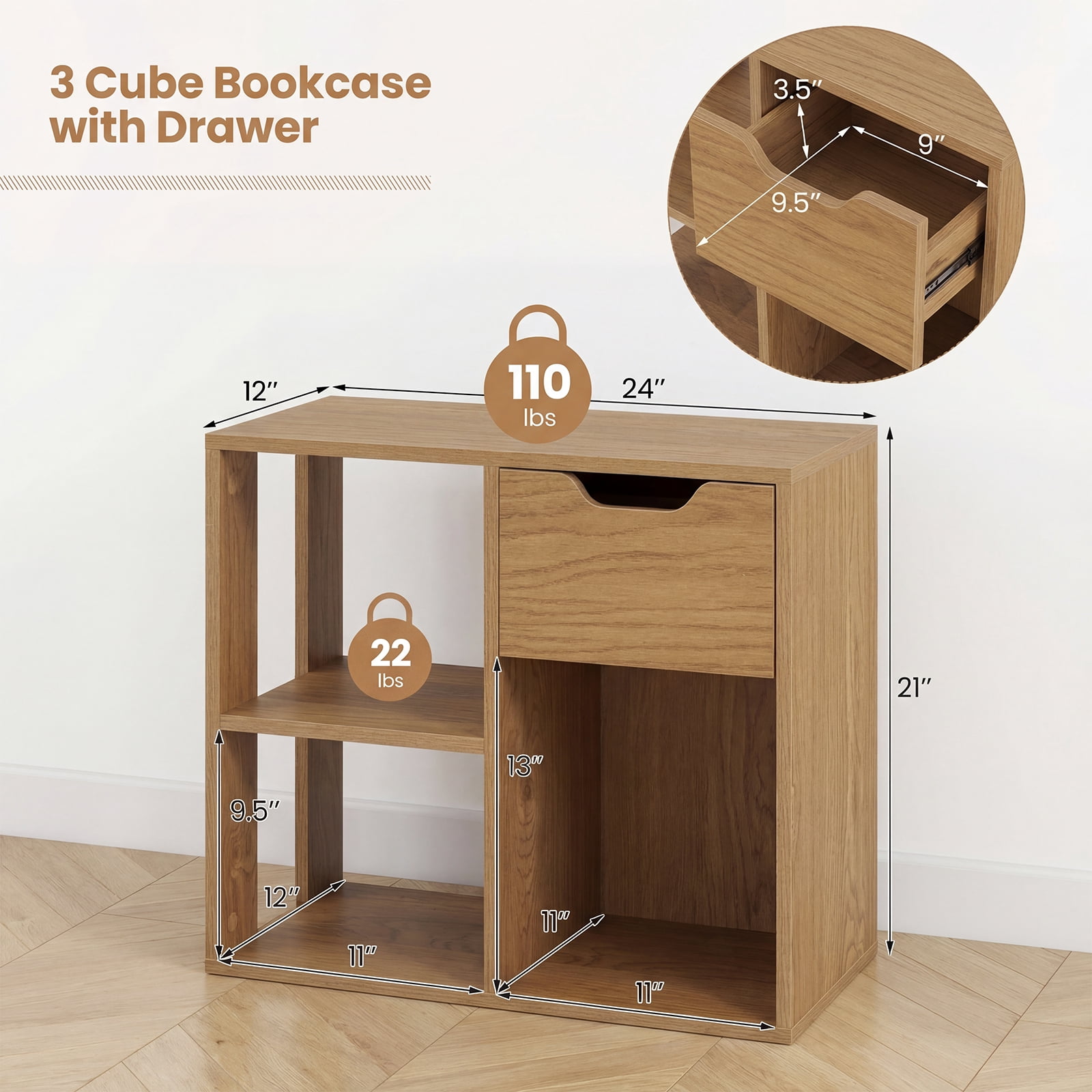 Goplus 2 PCS Bookshelf with Drawer, Freestanding Storage & Display Shelf for Living Room Natural