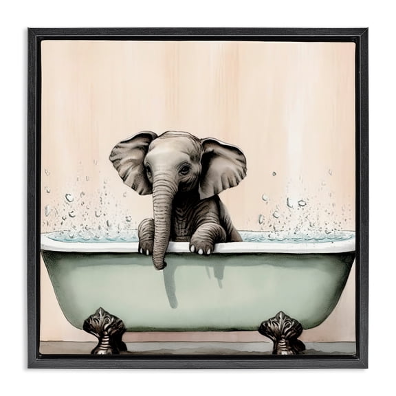 Baby Elephant Bathtime Black Framed Floater Canvas Wall Art, design by Sasha