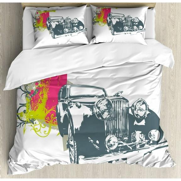 Vintage Duvet Cover Set Queen Size, Pop Art Retro Custom Classic Car with Grunge Effects Illustration, Decorative 3 Piece Bedding Set with 2 Pillow Shams, Pink Lime Green Slate Blue, by Ambesonne