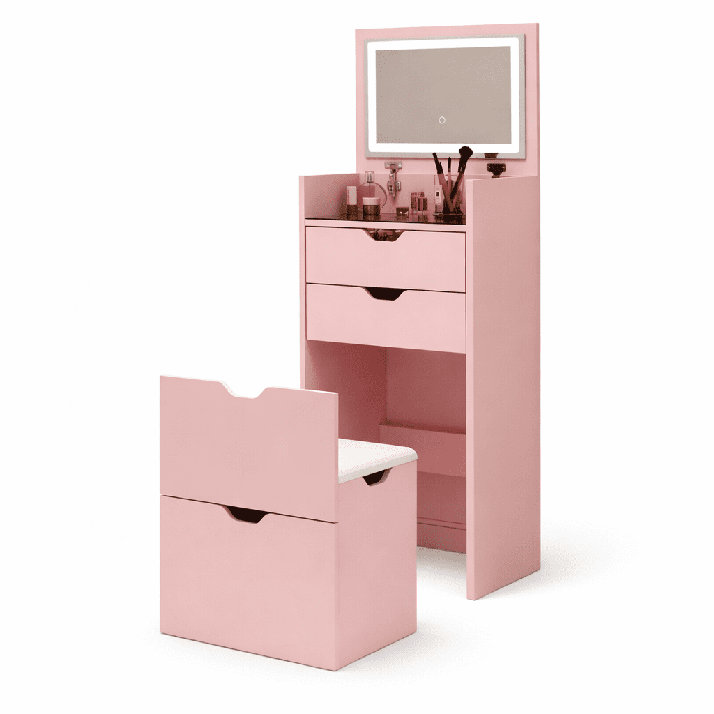 Homy Casa Vanity Table & Bench Set with Flip-Up Lighted Mirror, Drawers & Stool, Pink