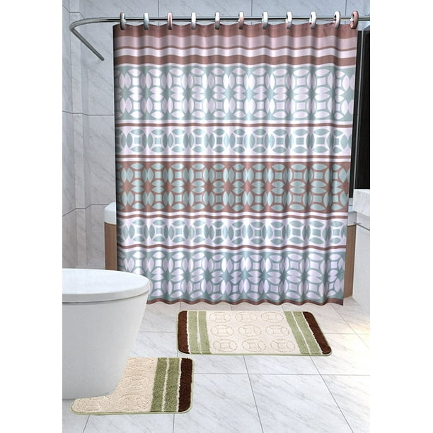 Laurel 15piece royalty Bathroom Accessories Set Rugs Shower Curtain & Matching Rings Brown