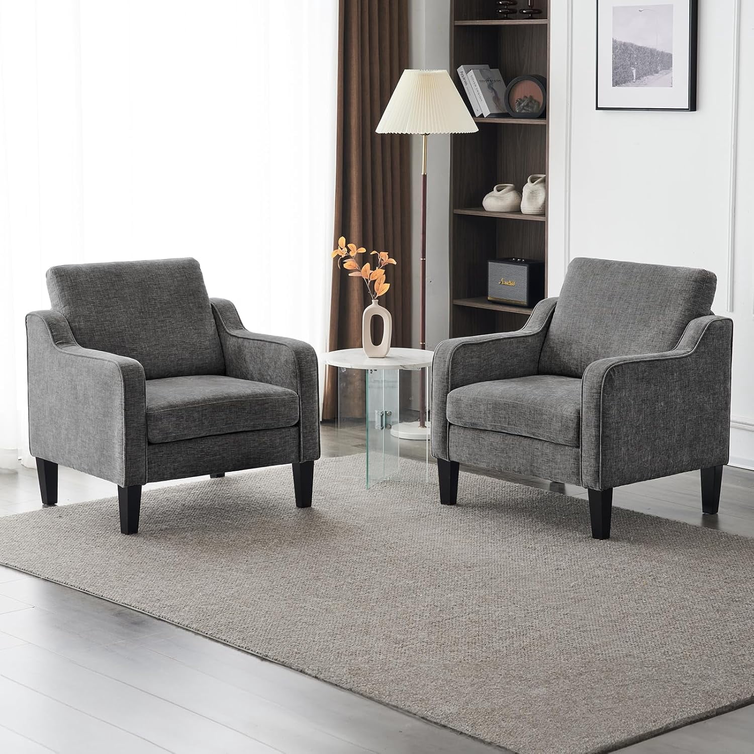 Matladin Chenille Fabric Accent Chair with Scooped Arms, Mid Century Modern Upholstered Armchair, Single Sofa for Living Room, Apartment, Office