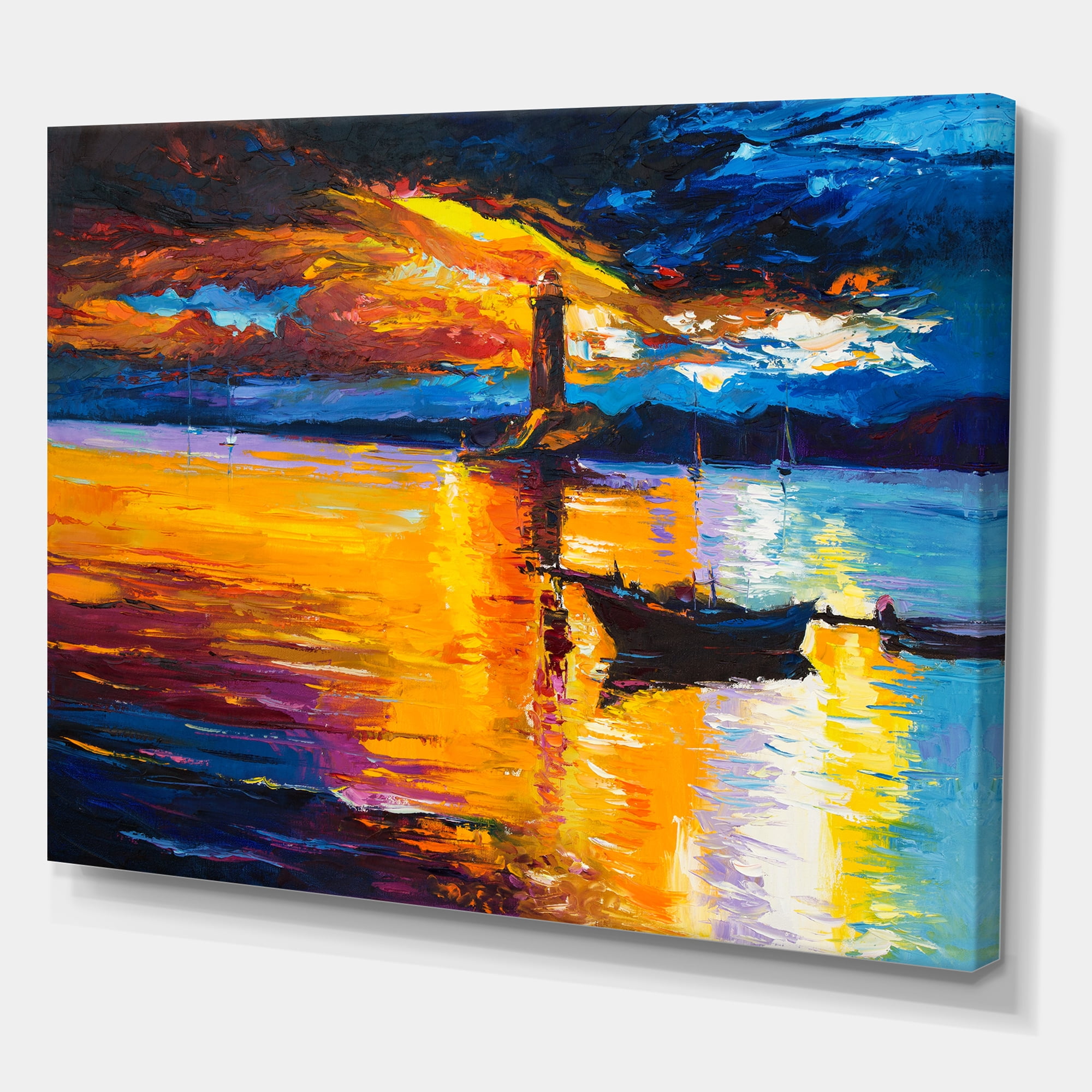 Designart ' Little Boat By Lighthouse During Evening Glow ' Nautical & Coastal Canvas Wall Art Print