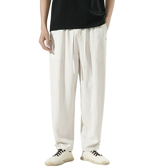 HBFAGFB Casual Pants for Men Cotton Linen Comfortable Trousers Versatile Simple with Pocket White Size L