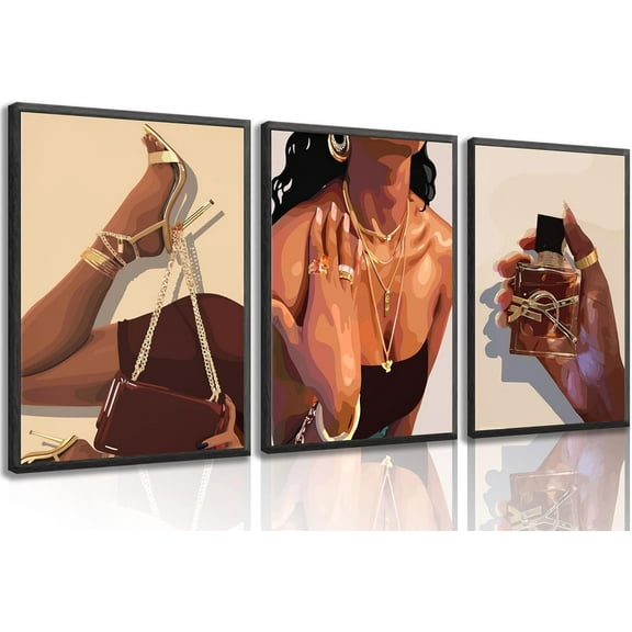 3Pcs Black Girl Wall Art African American Woman Canvas Pictures Fashion Girl Abstract Posters Prints Boho Black Female Paintings for Nordic Minimalist Room Bedroom Wall Decor Unframed