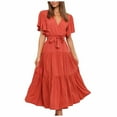 thumbnail image 2 of Fesfesfes Spring Dresses for Women Casual Solid Color V-neck Boho Dress Waist Lace-up Flared Short Sleeve Ruffle Splicing Part Dress, 2 of 6