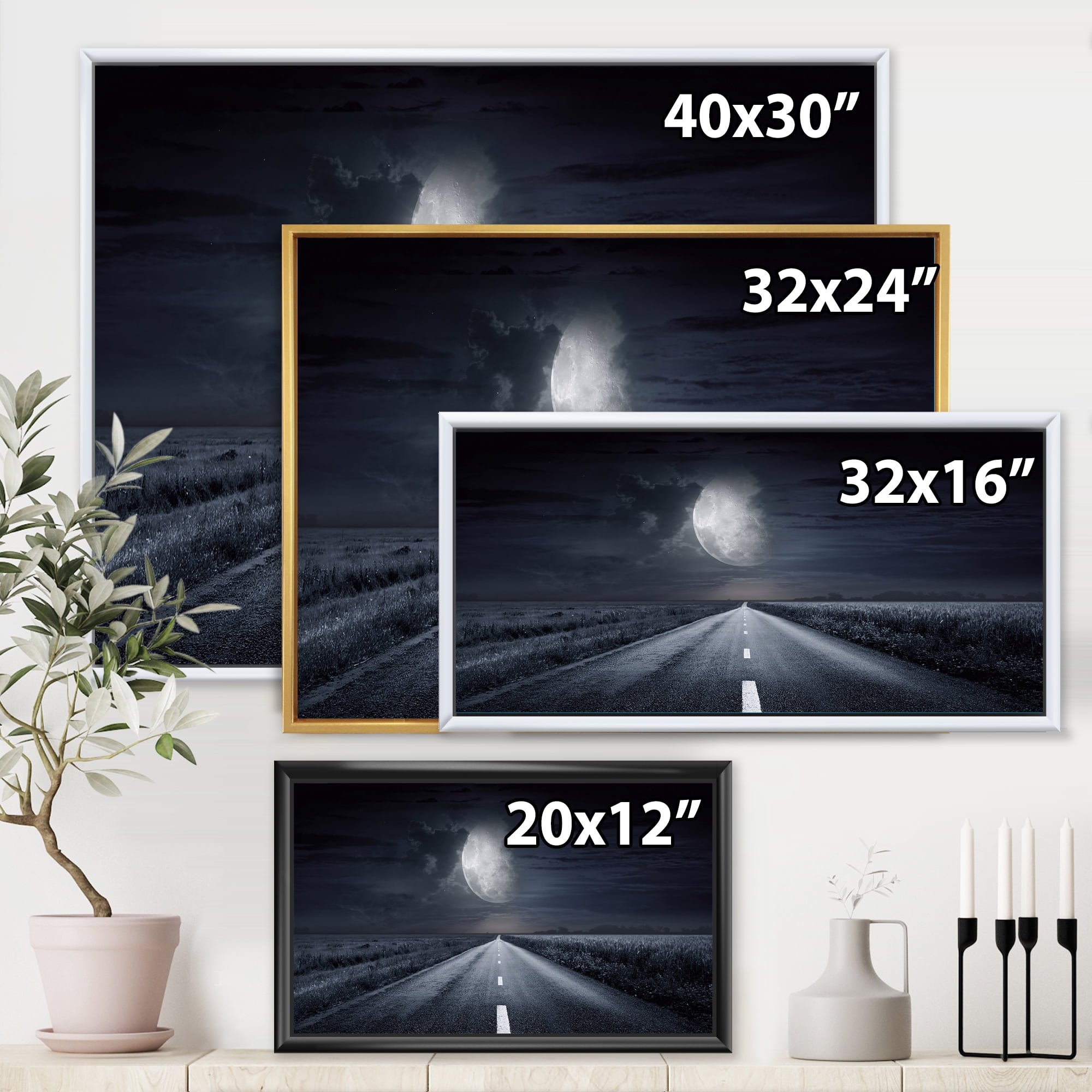Designart 'Cloudy Full Moon Over Asphalt Road III' Nautical & Coastal Framed Canvas Wall Art Print