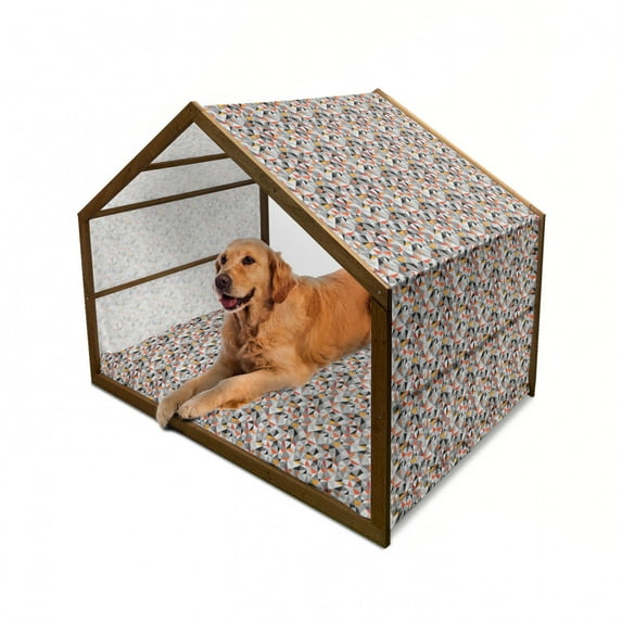 Geometric Pet House, Polygonal Pattern Checkered Design Triangles and Lines Pattern Modern Art, Outdoor & Indoor Portable Dog Kennel with Pillow and Cover, 5 Sizes, Orange Black White, by Ambesonne