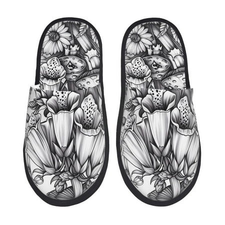 

Qekee Monochrome Botanical Illustration Print Furry Slippers for Women and Men House Slipper Funny Bedroom Slippers Indoor -Large