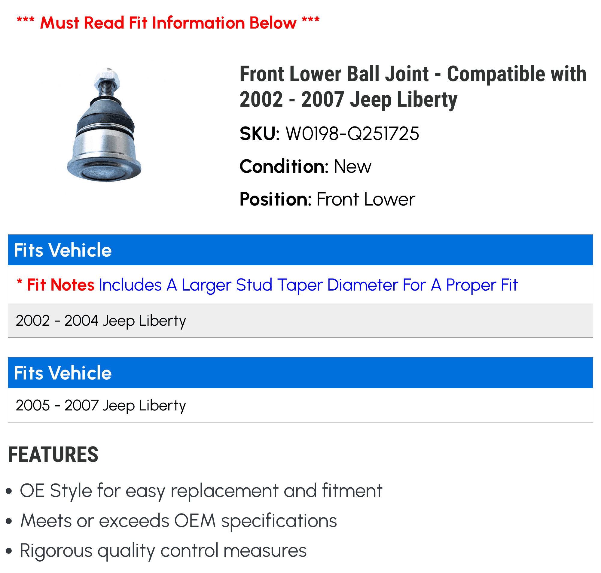 Front Lower Ball Joint - Compatible with 2002 - 2007 Jeep Liberty 2003 2004 2005 2006