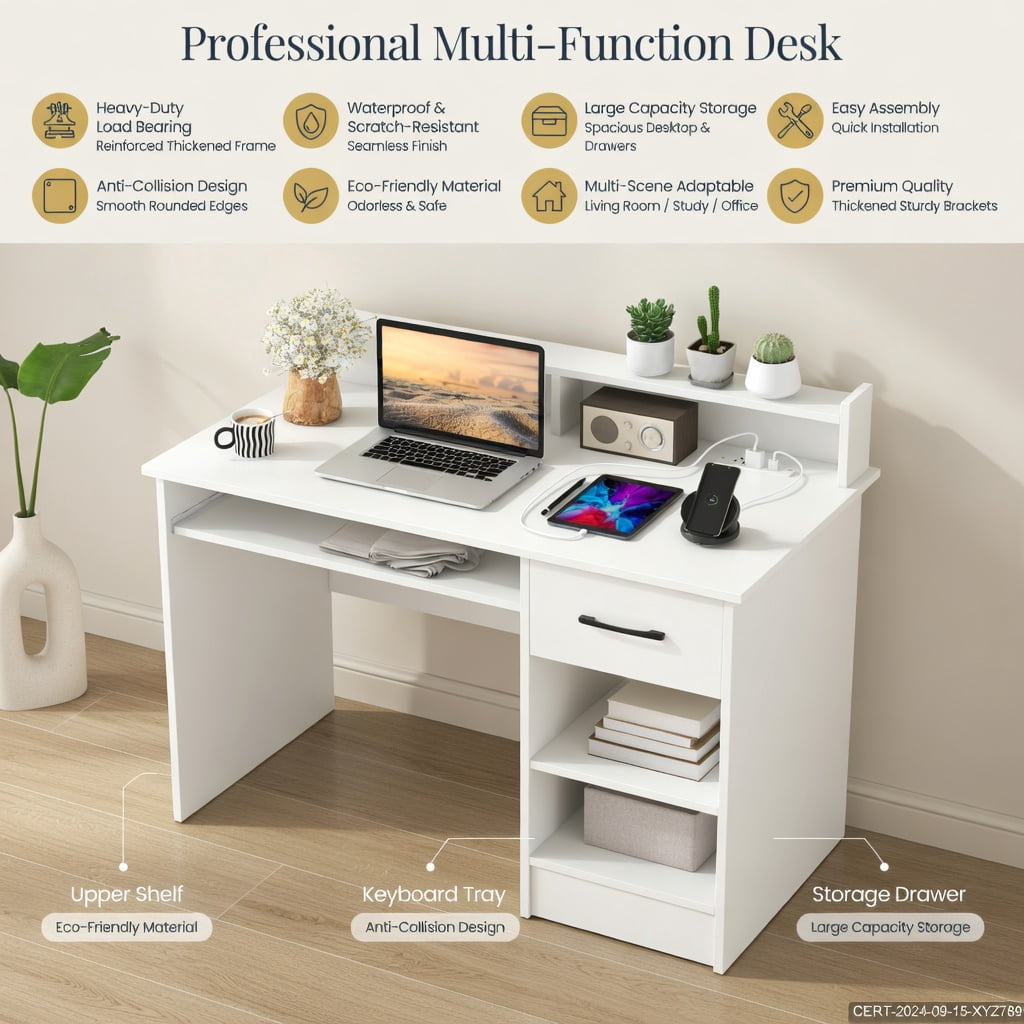 Demi Bonn White Home Office Desk, Keyboard Tray, Reinforced Crossbar, with Charging Station and Adjustable Shelf-White