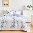 thumbnail image 4 of Botanical Quilt Set 3 Pieces King Size  Blue Flower Branch On White Reversible Bedspread Coverlet Soft Microfiber Lightweight Bed Cover For All Season (102" X 90" 1 Quilt+ 2 Pillow Shams), 4 of 7