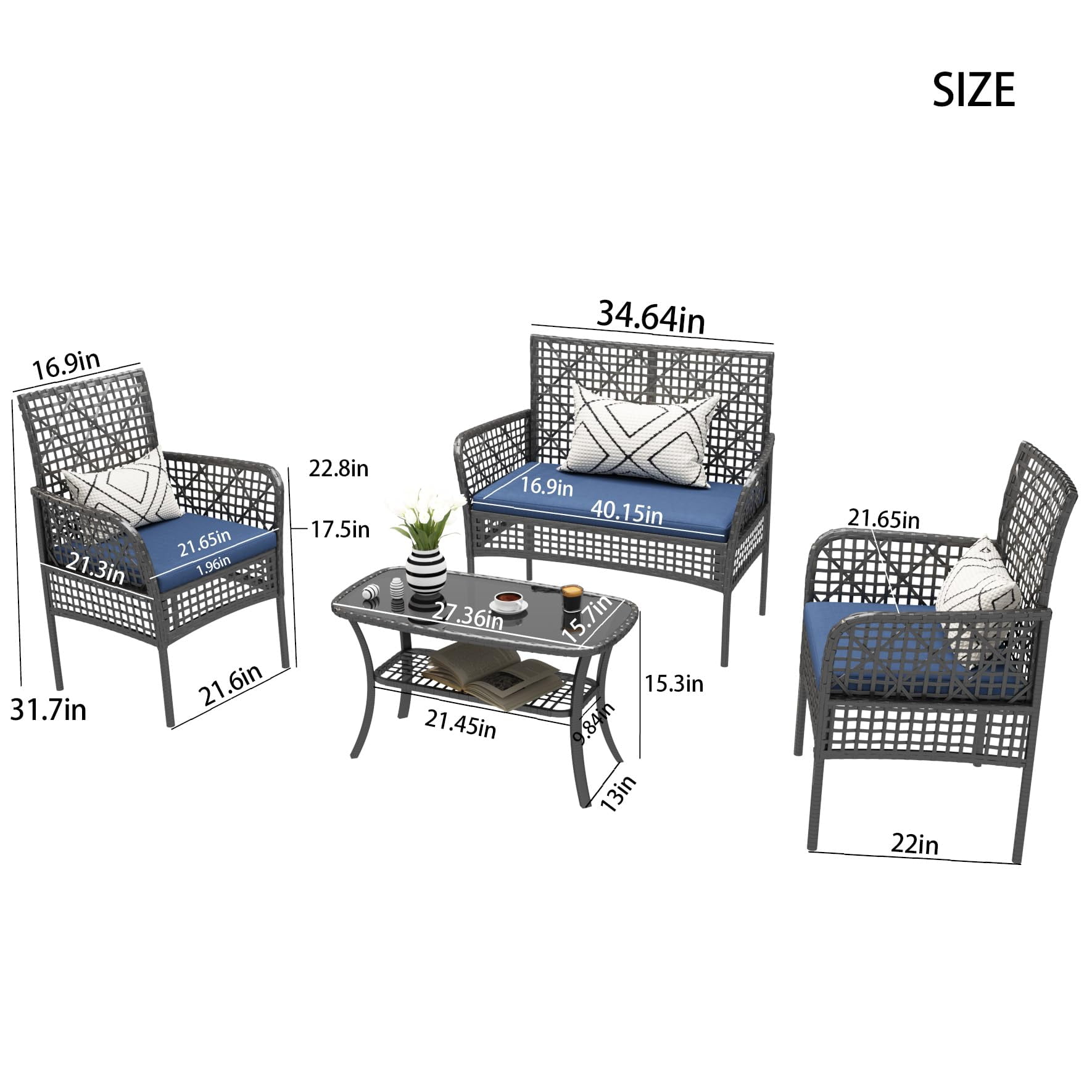 4-Piece Rattan Patio Furniture Set, Outdoor Table & Chairs Set with Cushions, Balcony Porch Garden Backyard Lawn Patio Conversation Set, Acacia Wood Table Top