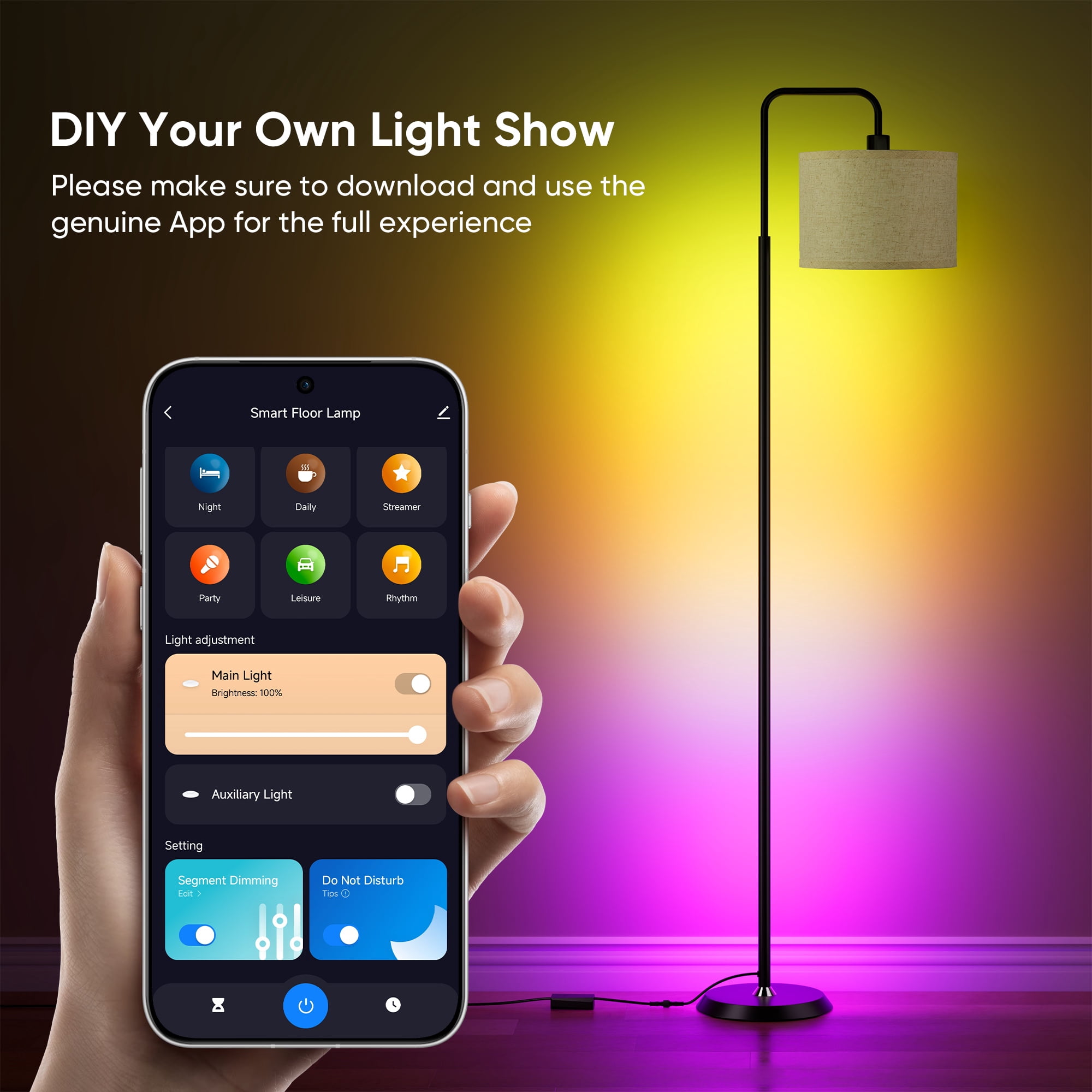 69in Smart LED Floor Lamp with APP Control & RGB Colors  Dimmable Standing Lamp for Living Room Bedroom,12W Bulb Included Timer