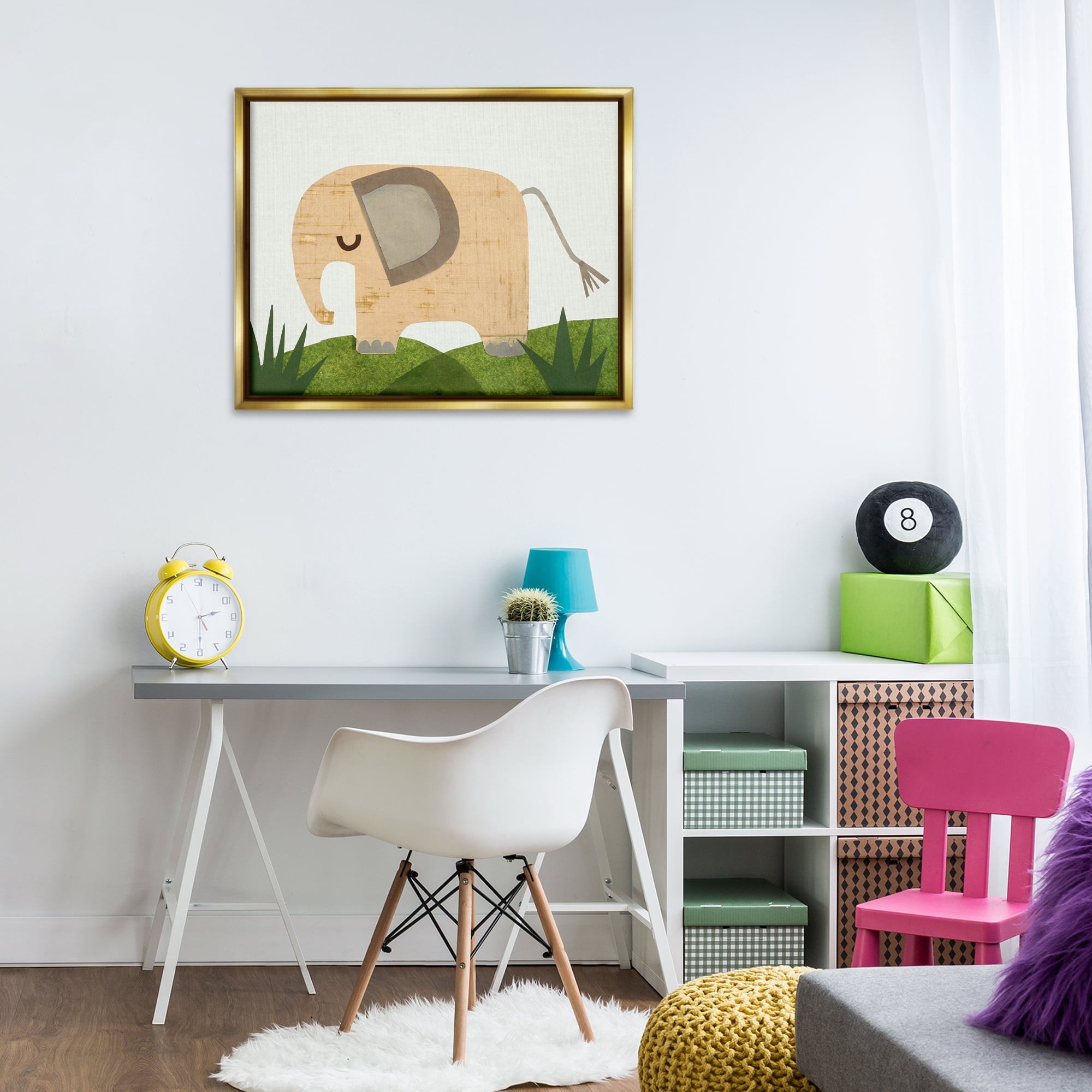 Stupell Industries Cozy Corner Elephant Animals & Insects Painting Gold Floater Framed Art Print Wall Art, 31 x 25