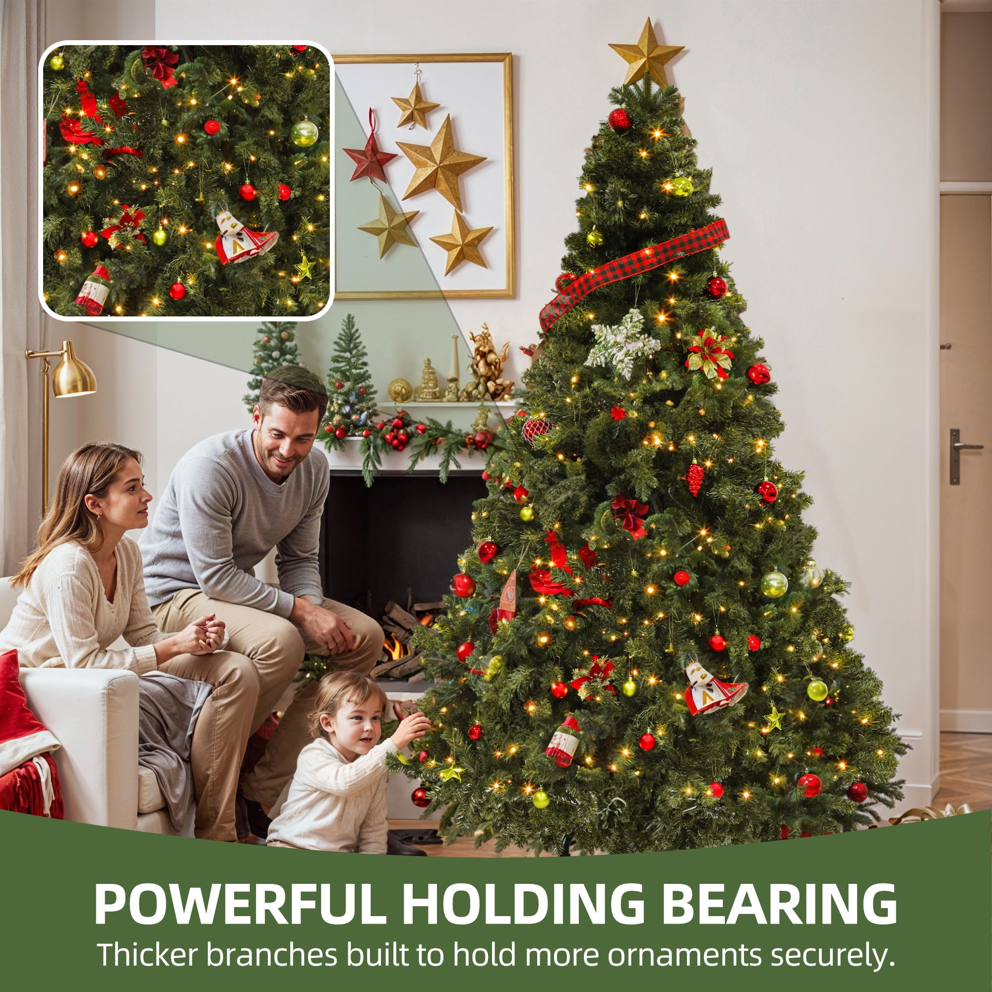 Uforic 7.5ft Pre-lit Hinged Spruce Artificial Christmas Tree with 1450 Branch Tips & 550 Lights, Remote Control, 11 Light Modes, Green