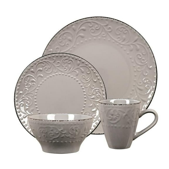Lorren Home Trends LH527 16 Piece Stoneware Scroll Dinnerware Set, Gray