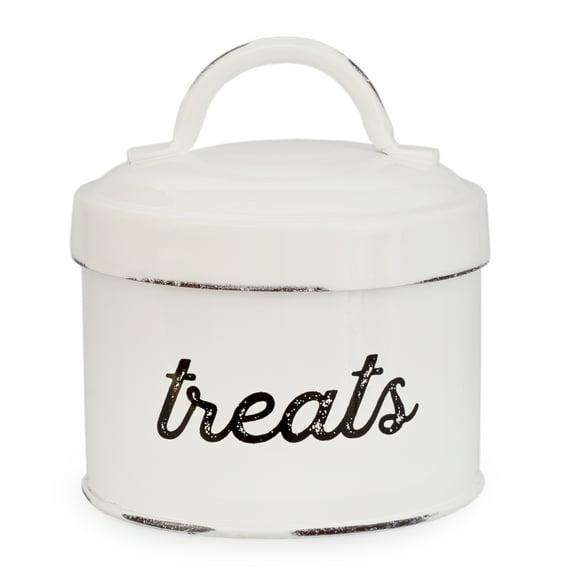 AuldHome Design Enamelware Cat Treat Container, Small White Rustic Pet Treats Jar