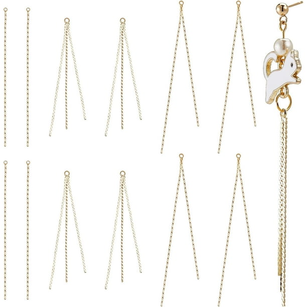 1 caja de 12 piezas de 3 estilos de aretes chapados en oro real de 18 quilates, accesorios de cadena de borla de latón, cadenas de aretes, cadena larga, borla, dije grande