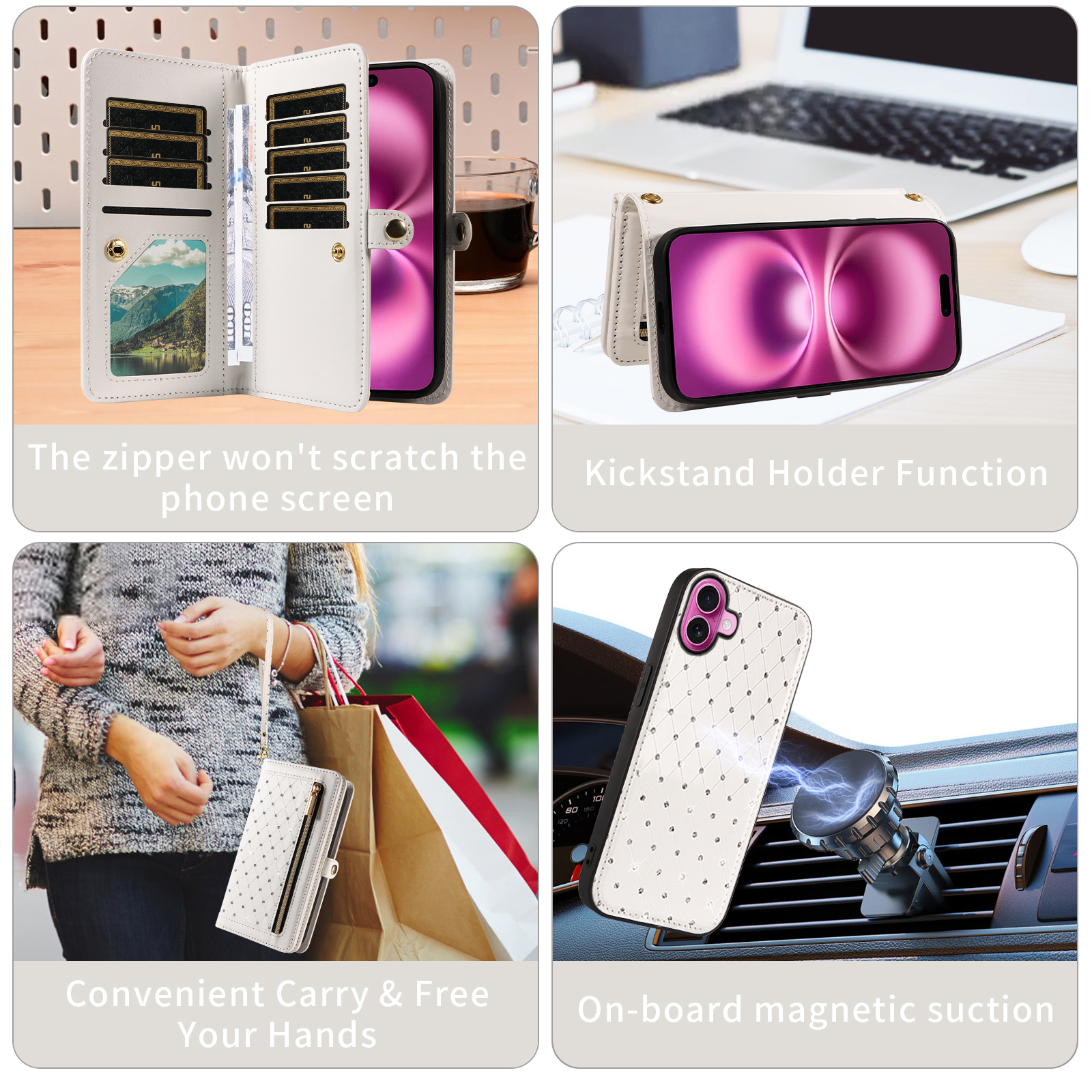 Asuwish Phone Case for iPhone 16 Plus 6.7 inch Zipper Wallet Detachable Cell Cover with Tempered Glass Screen Protector Crossbody Lanyard Strap Bling Glitter Flip Card Holder Slot i Phone16Plus White