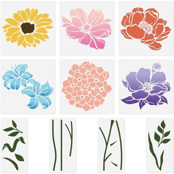 10Pcs Flower Wall Stencil 11.8 Inch Large Flower Stencils Template DIY Crafts Reusable Plastic Stencils for Painting on Wood Fence Walls Floors Fabric Furniture Glass