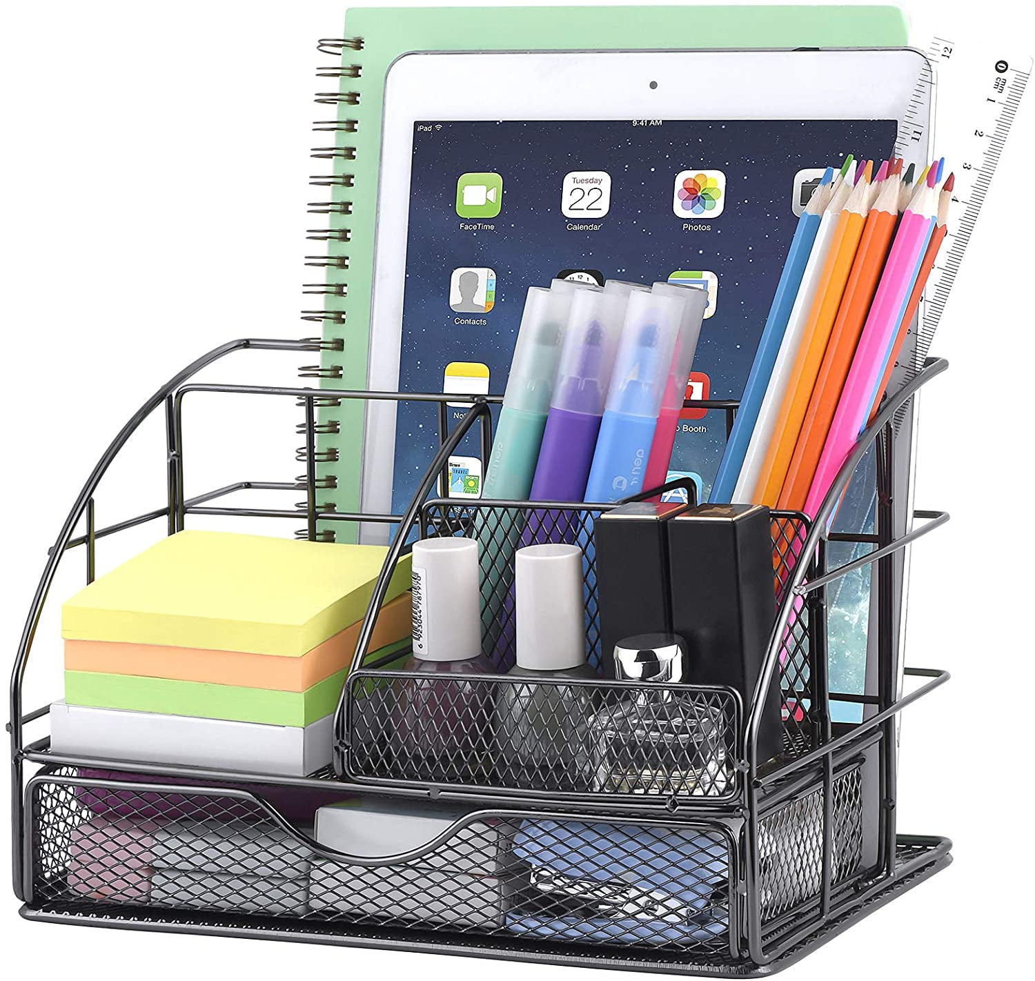 Black Greenco Mesh Office Supplies Desk Organizer with Note Pad Holder Five Pack GRC4778 