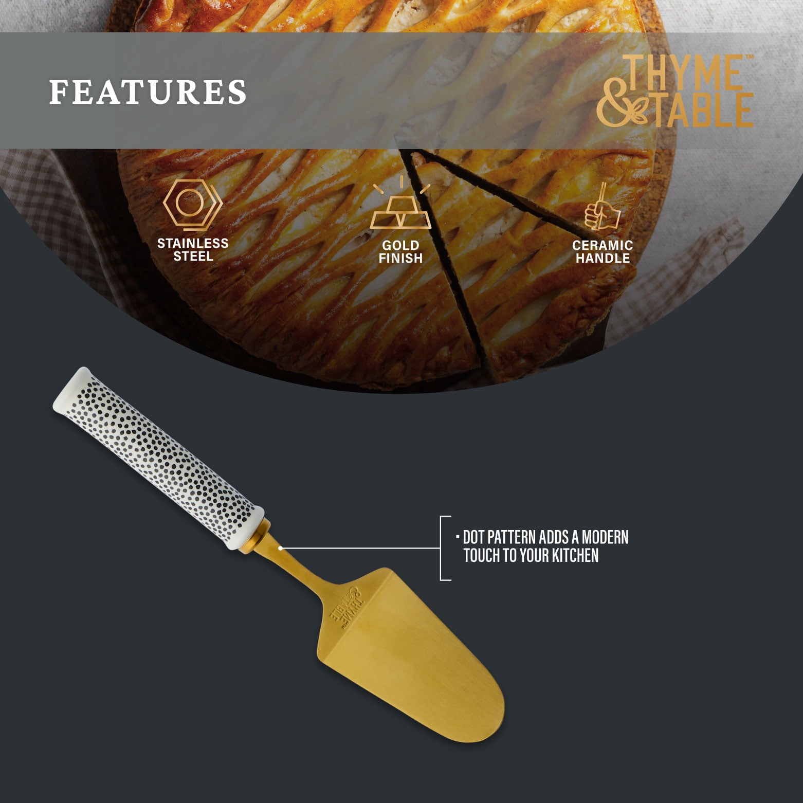 Thyme & Table Non Slip Gold Stainless Steel Pie Server with Ceramic Dot Pattern Handle