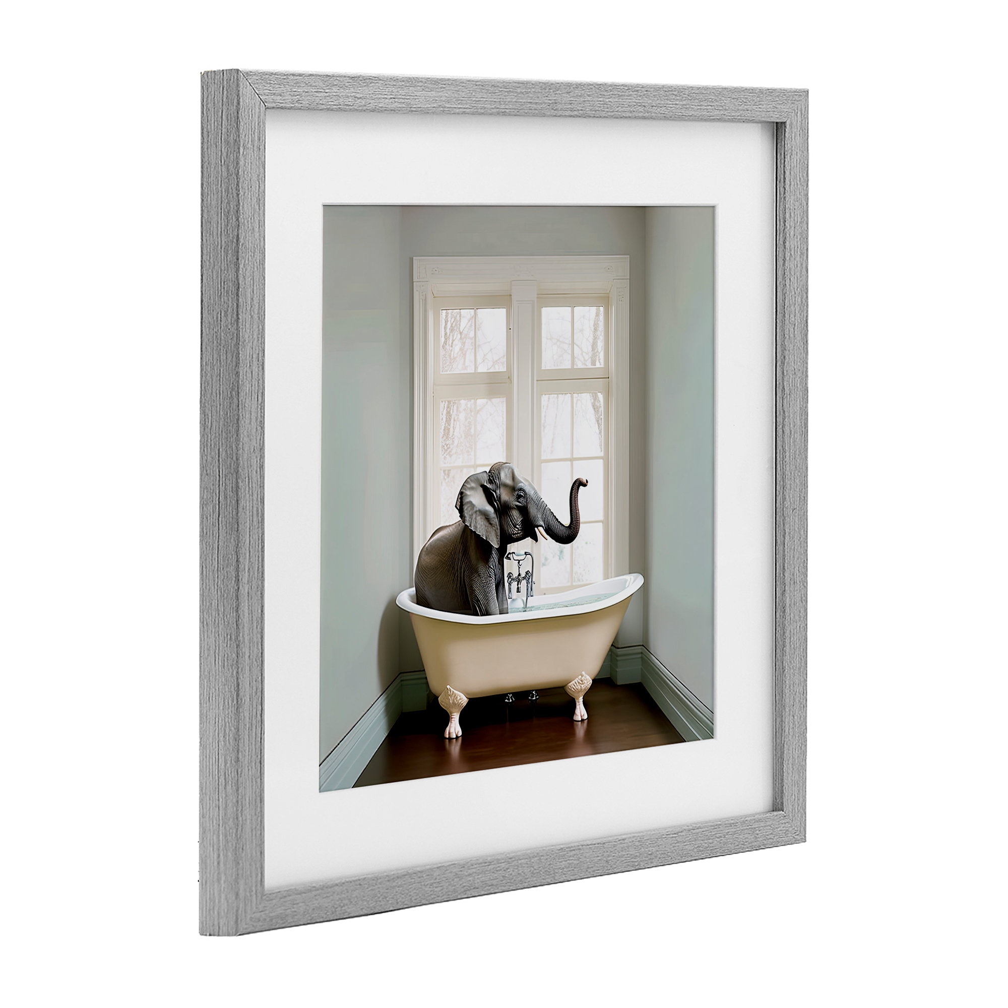Minimal Elephant Bathtime Gray Framed Print Under Glass, design by Sasha