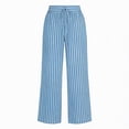 thumbnail image 4 of Women's Striped Linen Pants, High Waisted Elastic Waist Straight Leg Trousers, Drawstring Casual Beach Pants for Women, Summer Wide Leg Comfortable Palazzo Pants Light Blue XXL, 4 of 4