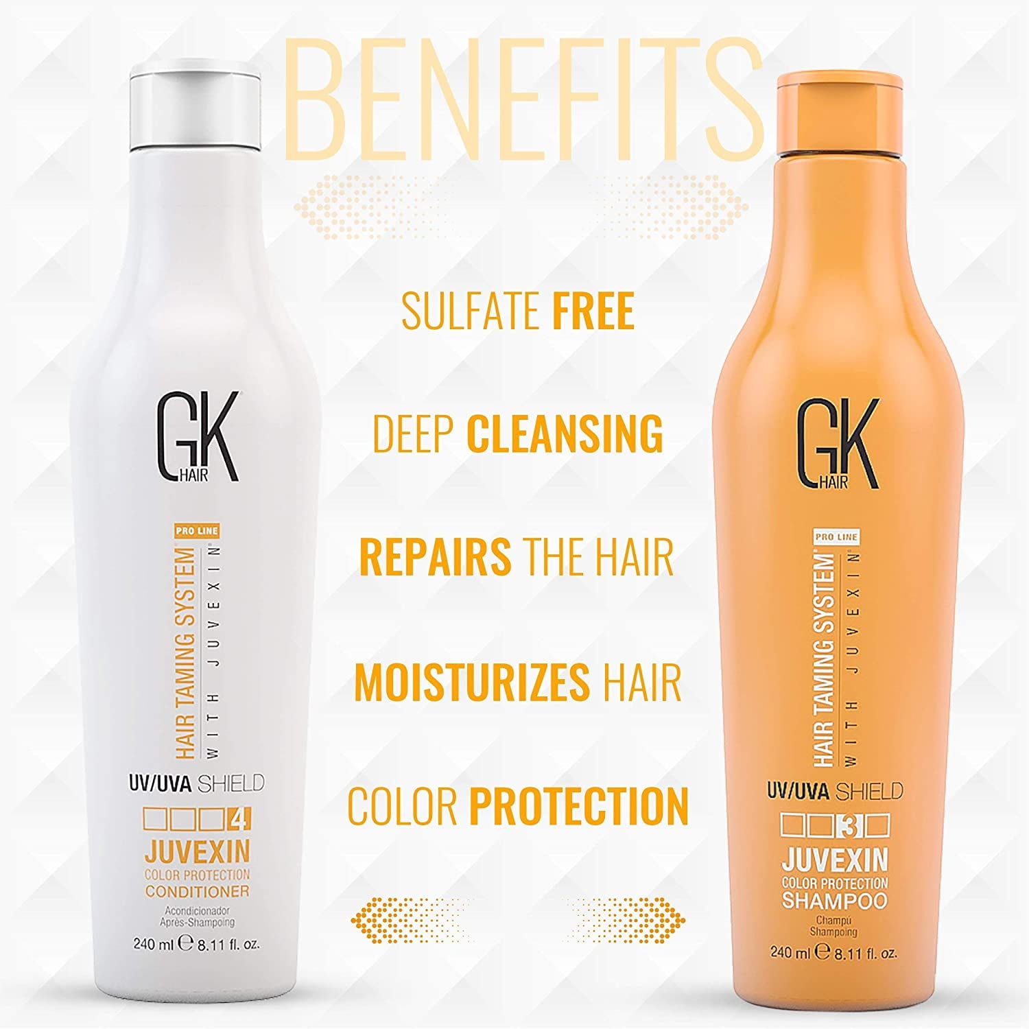Global Keratin GK Hair Shield Shampoo and Conditioner Duo (240ml/ 8.11 fl. oz) | Against Sun, UV/UVA Rays | For Dry, Split Ends with Aloe Vera and Natural Oils - All Hair Types