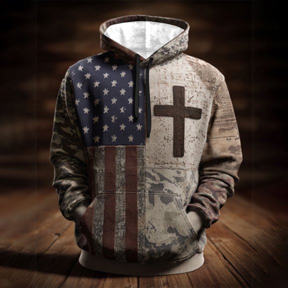 SYMOID Big & Tall Men's Patriotic Christian Pullover Hoodie, 100% Polyester Khaki Size 4XL - Perfect for Daily Wear, Outdoor Trips, Patriotic Holidays & Church Gatherings