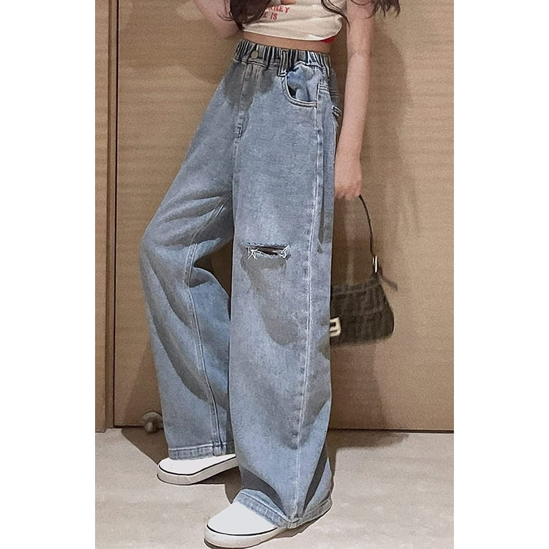 Girls Baggy Jeans Wide Leg Ripped Jeans Casual Elastic Waist Denim Pants  for Kids Teens